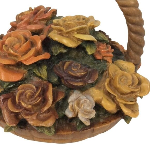 Vintage Mid-Century Carved Composite Wood Flower Basket Figurine Detailed Roses - Picture 6 of 7